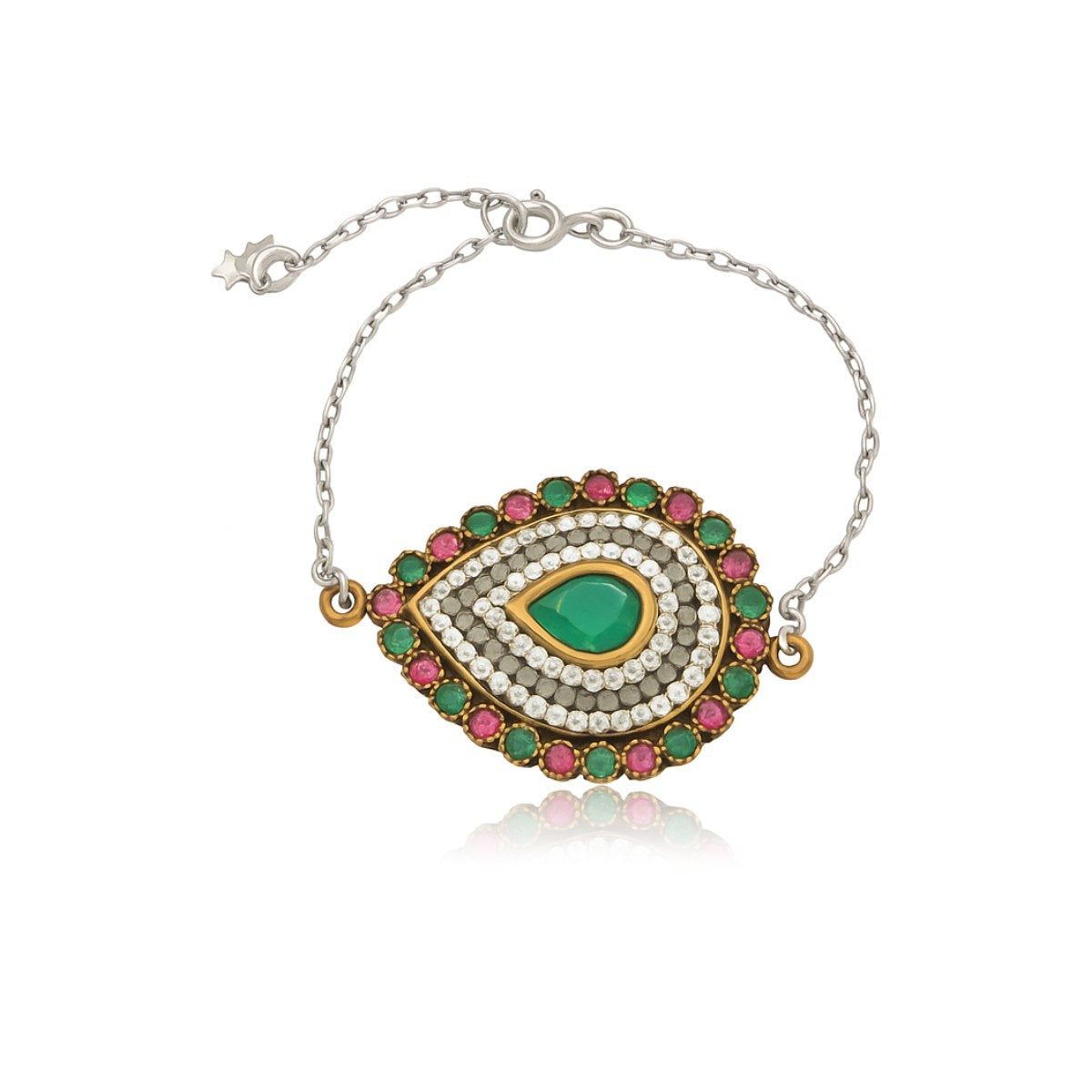 Pulseira Prata Turca com Rubi, Crisoprásio e Zircônia 17,5 cm