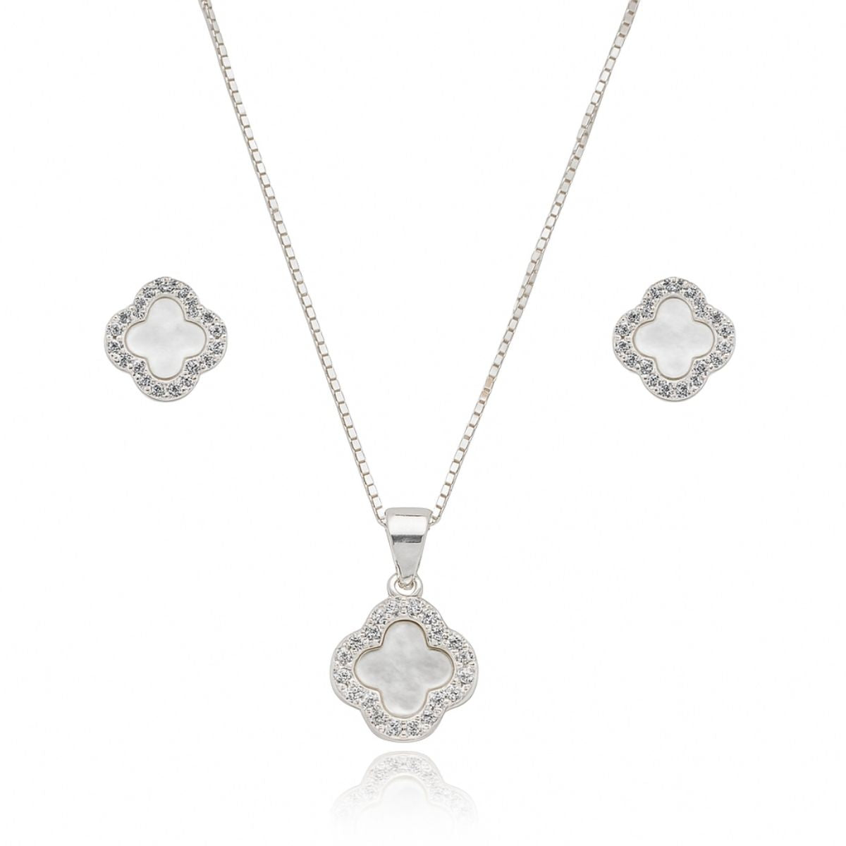 Conjunto Trevo Madrepérola de Prata