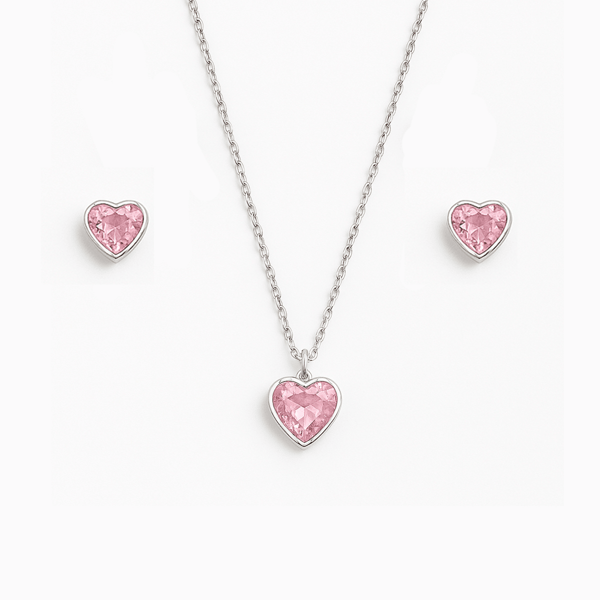 Conjunto de Prata Coração com Zircônia Rosa